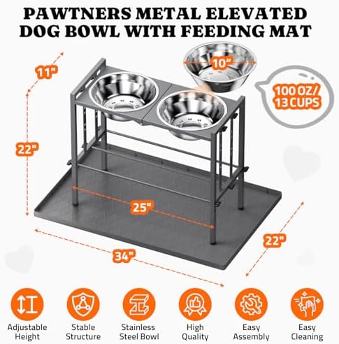 Pawtners Elevated Dog Bowl for Large Breed, Adjustable Feeder with Mat