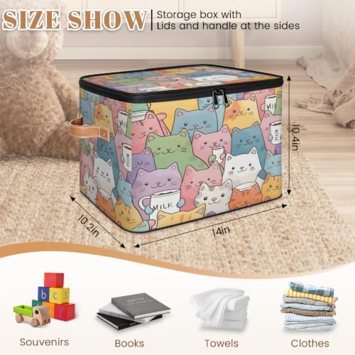 Cute Cartoon Cats Storage Box with Zipper Lid | Collapsible, Fabric, Storage Bin, Handle, Large, Closet Organizer, Containers, Bedroom, Home, Cat
