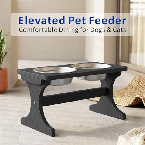 Raised Dog Bowl Stand for Medium Breed, Feeding Station with 35 oz 2 Stainless Steel Bowls & Licking Plate,Dog Food Bowl Black