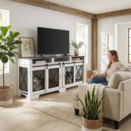 71 in Double Dog Crate Furniture - Heavy Duty Wood & Metal Dog Kennel for 2 Large Dogs, Removable Divider, Double Doors, Sliding Barn Door, 3 Storage Drawers - Size: 71 inches