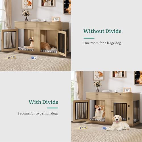 DWVO 60 Inch Double Dog Crate Furniture for 2 Dogs, Heavy Duty Wooden Dog Crate TV Stand with Removable Divider & Storage Drawers, Dogs Kennel Indoor Furniture Double Sliding Barn Door, Light Beige