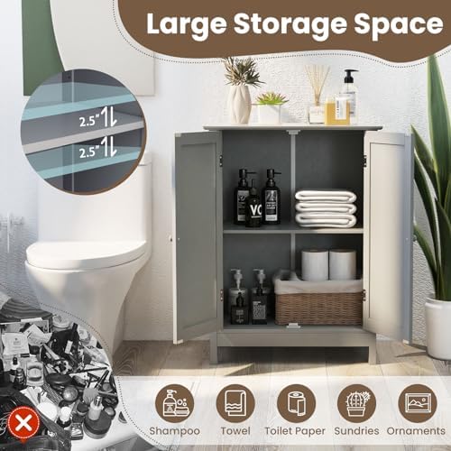 COSTWAY Bathroom Storage Cabinet, Freestanding Bathroom Organizers and Storage with Doors & Adjustable Shelf, Wooden Floor Cabinet for Home, Living Room, Entryway, Kitchen (Grey) | Storage with Doors & Adjustable Shelf, Wooden Floor Cabinet for Home, L...