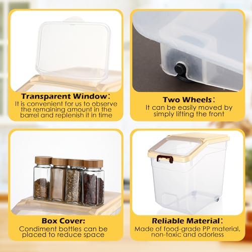 Sunnyray 4 Pcs Rice Storage Containers Bulk Flour Sugar Container Wheels Measuring Cups Set Airtight Pet Dog Cat Birds Food Bin Grain Cereal Organizer Box for Dry Baking (Beige,38 lb)