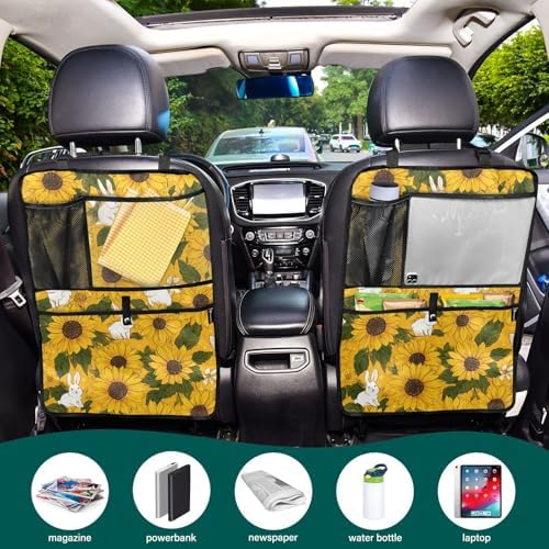 2 Pack Back Seat Car Organizer with Storage Pockets Kick Mats Back Seat Protector Hanging Car Organizer Automotive Seat Back Cover Organizers Autumn Sunflower and Cute Rabbit