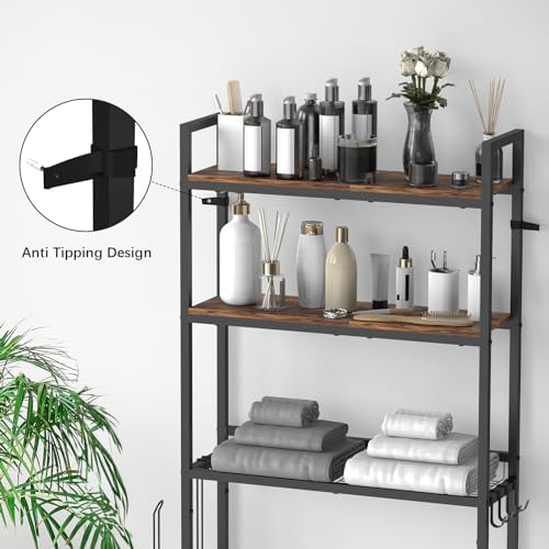 Over the Toilet Storage Cabinet Bathroom Storage Above Toilet | Over the Toilet Shelf, with Paper Holder and 4 Hooks, with Metal Frame, Space-Saving, Large Capacity Storage, Brown