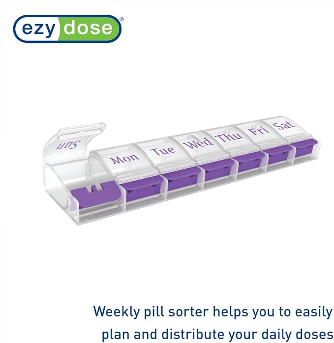 Ezy Dose Weekly (7-Day) Pill Organizer, X-Large Medicine Case, Purple/Clear | Daily Vitamin & Supplement Planner, Spacious Push-Button Compartments, Convenient & Easy to Use, Travel-Friendly, BPA-Free