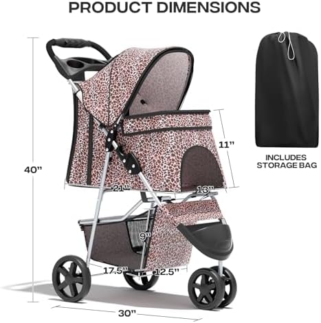 Foldable 3-Wheel Pet Stroller for Dogs & Cats, Leopard Print | Storage Basket & Cup Holder, Breathable Mesh Cover, Lightweight and Durable, for Small to Medium Pets, up to 33 lbs