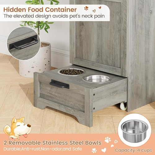 Elevated Dog Feeding Station – 2 Bowls, Storage Cabinet, Gray
