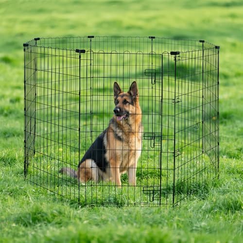 Amazon Basics Foldable Metal Indoor/Outdoor Dog Playpen, Octagonal Exercise Pen, Single Door, 8 Panels, 48 Inch Tall, X-Large, 60 x 60 x 48 Inches, Easy to Assemble, Black