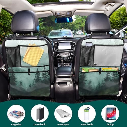 2 Pack Back Seat Car Organizer with Storage Pockets Kick Mats Back Seat Protector Hanging Car Organizer Automotive Seat Back Cover Organizers Green Mountains and Pine Trees
