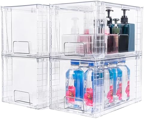 4 Pack Large Stackable Storage Drawers,Clear Acrylic Drawer Organizers with Handles, Easily Assemble for Kitchen Undersink,Bathroom,Cabinet,Makeup,Closet,Pantry,Organization and Storage