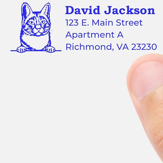 Peeking Manx Cat Address Stamp Self-Inking - Custom Stamp for Mail | Manx Cat Personalized Address Stamp. Custom Address Stamp for Cat Owner Gifts. 4 lines. Choice of 11 ink colors. Rectangular.