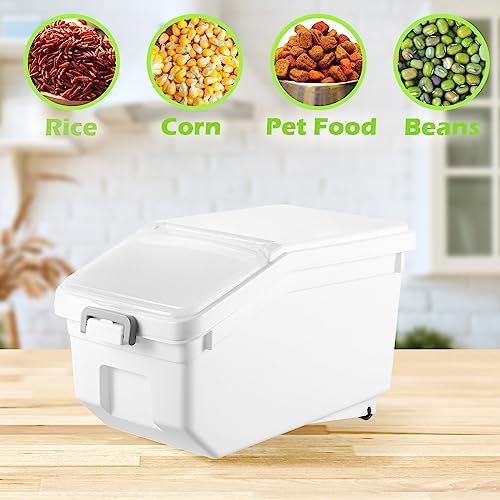 Sunnyray 4 Pcs Rice Storage Containers Bulk Flour Sugar Container Wheels Measuring Cups Set Airtight Pet Dog Cat Birds Food Bin Grain Cereal Organizer Box for Dry Baking(White,22 lb)