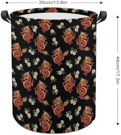 Waterproof Laundry Hamper with Handles Floral Chinese Japanese Dragon Flower, Collapsible Basket for Clothing, Toy, and Towel Organization in Home and Nursery