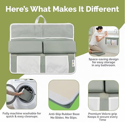 Wobbi Baby Bath Kneeler and Elbow Rest Pad Set | Extra Thick Memory Foam Support for Comfortable Bath Time | Non-Slip Suction Base | 4 Storage Pockets & Quick-Dry Design for Parents | Green