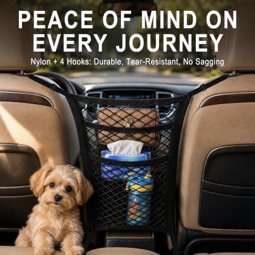 3-Layer Car Mesh Organizer, Dog Barrier Between Front Seats, Elastic Seat Back Net Bag for Kids, Pets, Tissue, Purse, Storage Pouch, Stretchable for SUV Van Truck