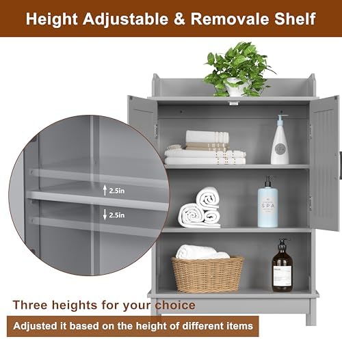 Yardenaler Over-The-Toilet Storage Shelf with Doors, Bathroom Freestanding Organizer Space Saver with Adjustable Shelf, Gray