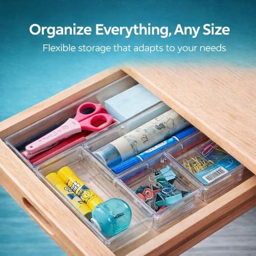 12 Pack Clear Drawer Organizer Set, Multi-Size Plastic Storage Bins for Makeup, Bathroom, Kitchen, Vanity & Office