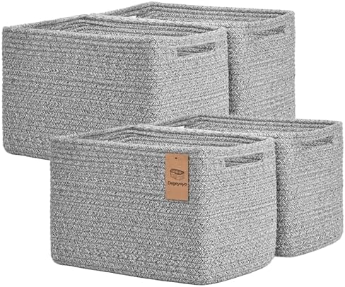 Storage Baskets for Organizing, 4 Pack Baskets for Shelves, Decorative Storage Bins for Shelves, Cotton Rope Storage Basket with Handles, Woven Basket for Storage, 13''Lx8.7''Wx7.9''H, Gray