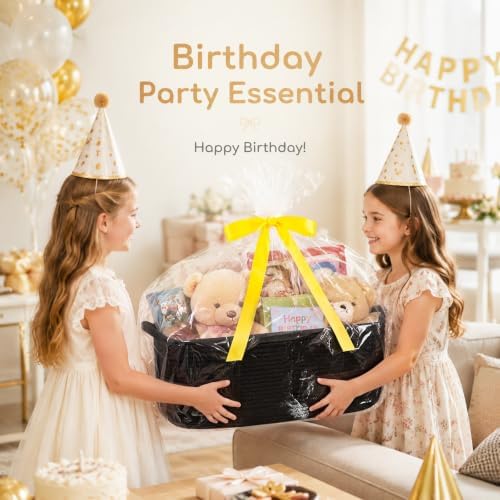 OIASKET Large Empty Cotton Rope Gift Basket with Handles, 16.5"x12.6"x7" Decorative Woven Storage Basket with Gift Bag and Ribbon Set for Baby Shower, Toy Organizer for Kids, Dogs & Cats - Black