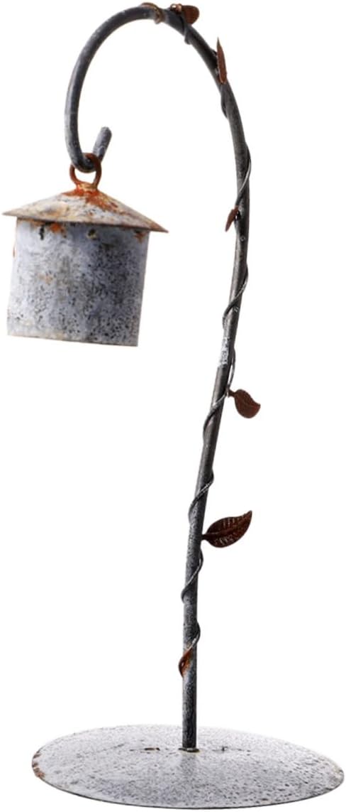 KICHOUSE Micro Landscape Iron Hanging Rack and Bird Hut Cage Stand Vintage Rust Design for Desktop Decor Flexible Iron Holder for Home and Garden Adornments Light Grey