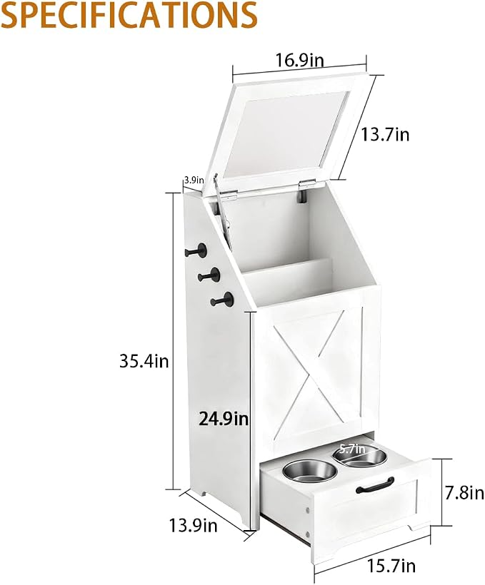 Pet Feeding Station with Storage Cabinet & 2 Elevated Bowls,Hooks,White | Flip-top Sealed Food Bin.Pull-out Bowl Drawer with Wheels.3 Side Hooks+Internal Shelf for Cans.Anti-tip Device.For Dogs/Cats.