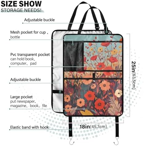 1 Pack Back Seat Car Organizer with Storage Pockets Kick Mats Back Seat Protector Hanging Car Organizer Automotive Seat Back Cover Organizers Autumn Poppy Flowers