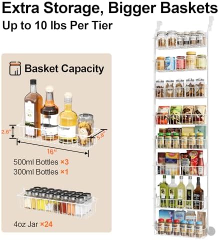 Delamu Over The Door Pantry Organizer, 8-Tier Hanging Spice Rack | Large Pantry Door Organization and Storage Seasoning Shelves, Door Organizer for Kitchen, 17.1"W x 65.4"H x 5.8"D, White