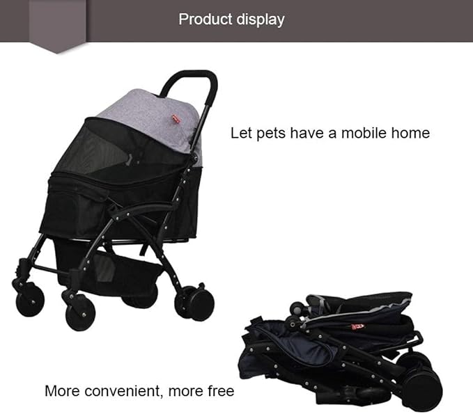 Double Dog Stroller Pet Trolley Cart 4 Wheels Foldable Pram for Cat Dog 360° Rotation Front Wheel Pet Travel Stroller Quick Folding (B) (C)