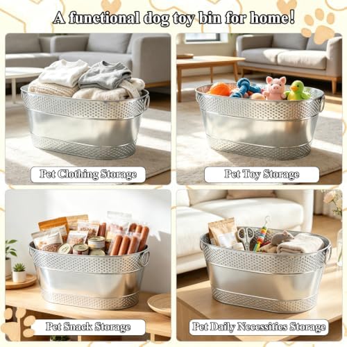 Indestructible Metal Dog Toy Storage Bin, Silver Pet Toy Storage Basket for Living Room Area, Sturdy Chew Proof Puppy Toy Box with Handle, Large Capacity 25 Quart