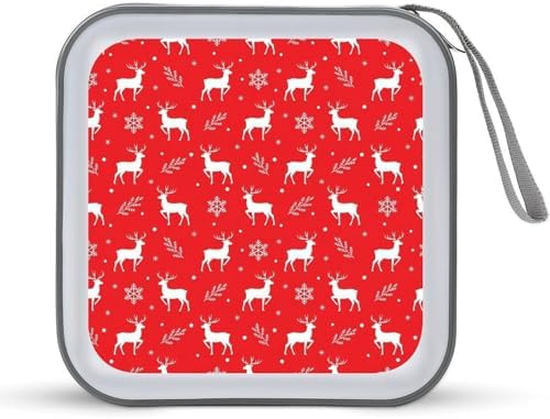 Hard Plastic CD/DVD Organizer Red Reindeer Christmas, 40-Disc Storage Binder with Zipper, Portable Protective Case for Car Office