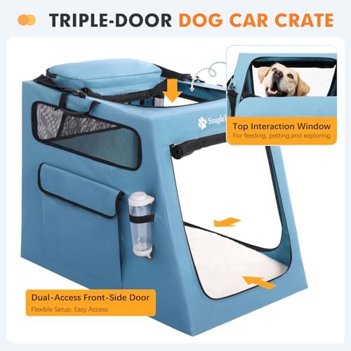 Snagle Paw Portable Dog Crate for Car Travel, Collapsible Large Dog Travel Crate with Metal Frame & 3-Door Mesh Windows, Secures in Trunk/Backseat, Soft-Sided Kennel Carrier for Medium Large Dogs-XL