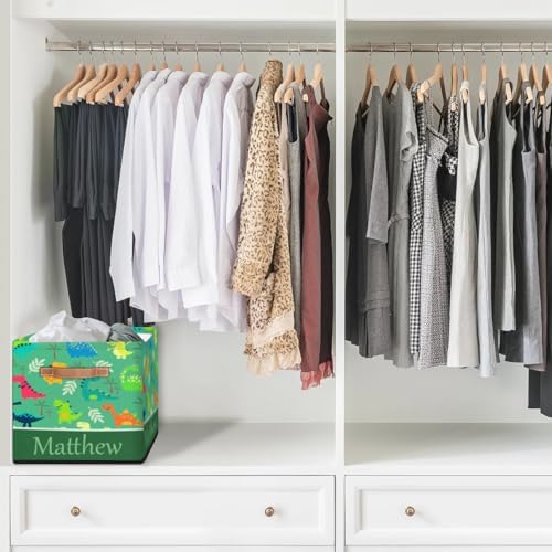 Personalized Storage Baskets for Organizing, Foldable Storage Bins with Handles Custom Cute Basket for Boys, Girls, Pet, Clothes, Blanket, Bedroom Nursery Toy Storage Gift,13 x13 x13 In,Dinosaurs