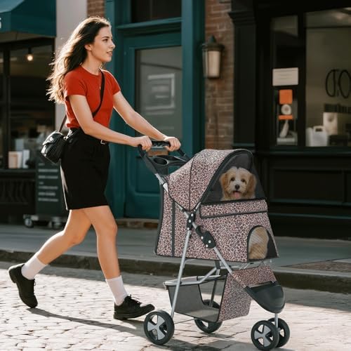 Foldable 3-Wheel Pet Stroller for Dogs & Cats, Leopard Print | Storage Basket & Cup Holder, Breathable Mesh Cover, Lightweight and Durable, for Small to Medium Pets, up to 33 lbs