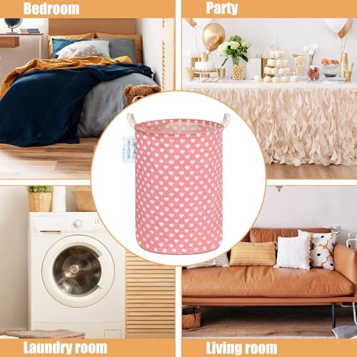 Round Laundry Basket Collapsible Storage Hamper Organizer Pink Heart | Waterproof Canvas Foldable Baskets with sturdy Handles Multi-scene Organizer for Home Play Bedroom Gift Bin