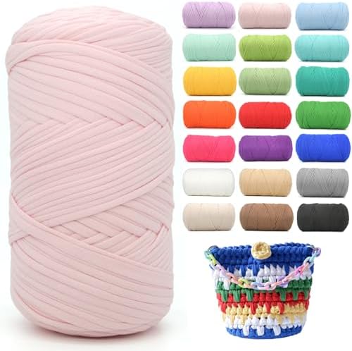 400g Tshirt Yarn for Crochet,Pink T Shirt Soft Elastic Fabric Chunky Thick T-Shirt Crochet Yarn for Crocheting Knitting Beginner Hand Knitting for Bag/DIY Craft/Home Decor-Light Pink