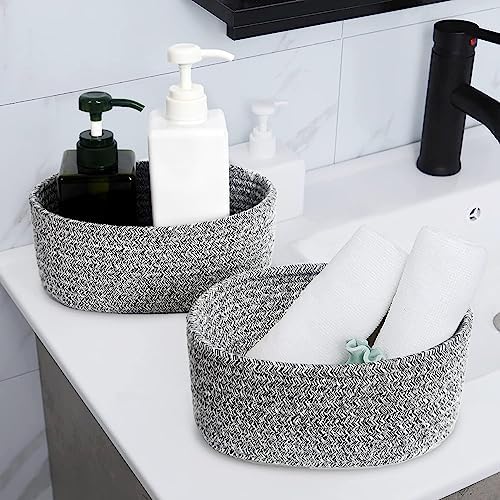 【2 Pack】ABenkle Small Woven Baskets, Tiny Oval Shallow Storage Baskets, Mini Cotton Rope Empty Decorative Basket, Boho Little Organizer Bins for Bathroom, Cat Dog Toy Gifts Baskets