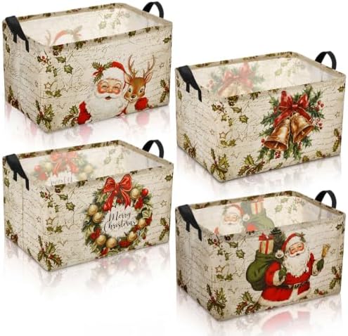 Chunful 4 Pack Christmas Storage Baskets for Gifts Collapsible Christmas Santa Claus Reindeer Retro Farmhouse Laundry Storage Bins Foldable Box with Handles for Home Bedroom Office Clothes Containers