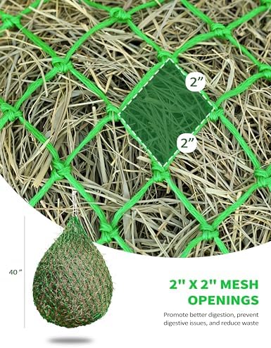 Harrison Howard Slow Feed Hay Net for Horses, 40 Inch Hay Bag Holds 1–2 Flakes, 2 Inch Mesh Durable Hanging Feeder for Stable, Pasture & Livestock-Bright Green