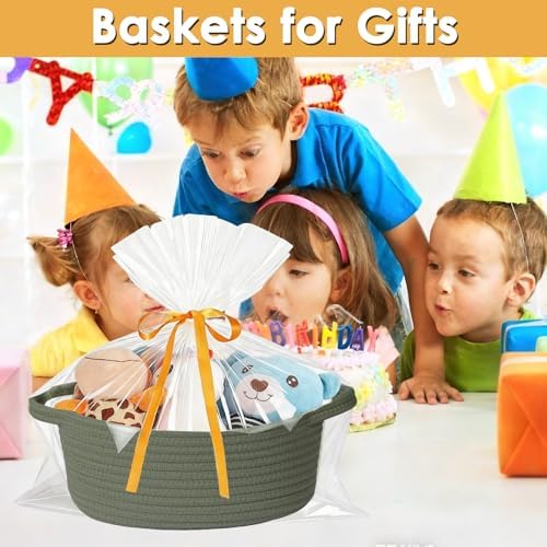 Small Woven Basket with Gift Bags and Ribbons Durable Cotton Rope Basket for Halloween Gifts Empty Storage Basket 12"X 8" X 5" Baby Toy Basket with Handles, Green