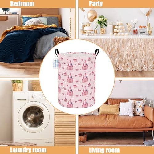 Round Laundry Basket Collapsible Storage Hamper Pink Castle | Waterproof Canvas Foldable Baskets with sturdy Handles Multi-scene Organizer for Home Play Bedroom Gift Bin