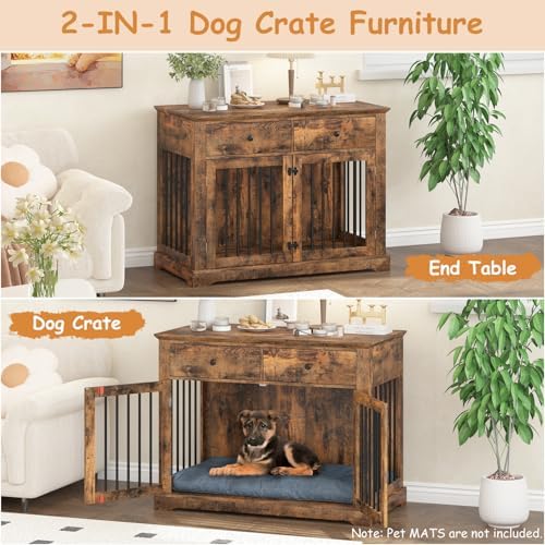 PRETZI Dog Crate Furniture, 44 Inch Wooden Dog Kennel Indoor with 2 Storage Drawers, Heavy Duty Large Crate Furniture, Rustic Style Decorative End Table Cage for Small/Medium/Large (Brown)