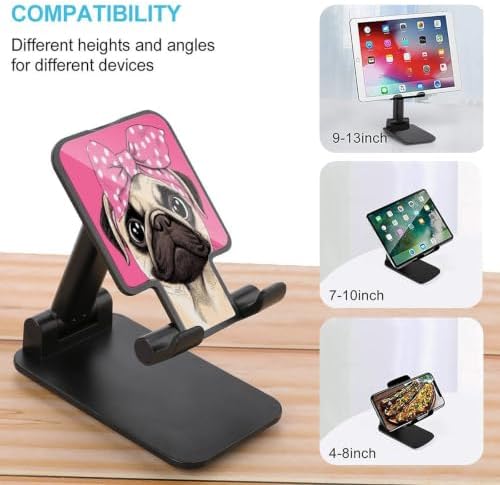 Reusable Cute Cartoon Pug Dog Pink Cell Phone Holder with Non Slip Base | Angle Foldable, Mobile Stand, Compatible with 4"-13" Devices, Travel Office, Desk Accessories