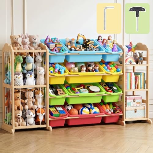 LAMU 3-in-1 Toy Organizer with Bookshelf, Stuffed Animal Storage with 12 Bins and 3 Shelves, Wooden Book Shelf for Playroom Kids Room Nursery Bedroom Living Room Decor, Multi-Colored