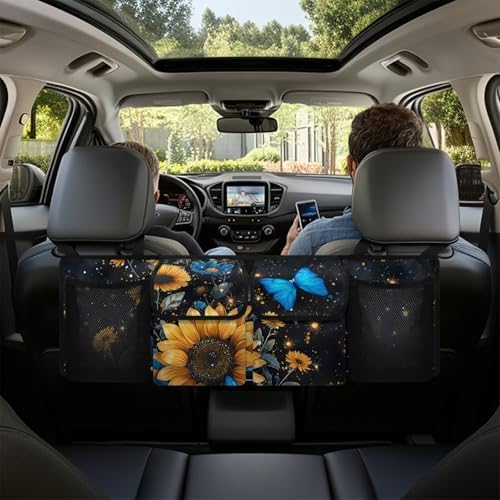Sunflower Butterfly Car Trunk Organizer, Hanging Car Back Seat Storage Bag with 4 Pockets, Universal Automotive Interior Accessories, Keep Your Trunk Tidy