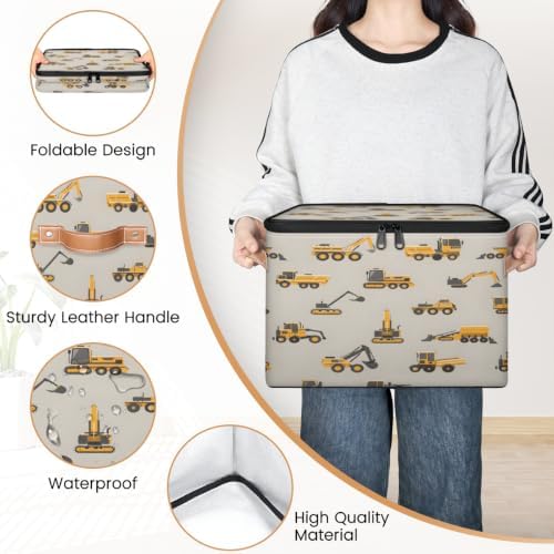 Excavator Truck Car Storage Box with Zipper Lid | Collapsible, Fabric, Storage Bin, Handle, Large, Closet Organizer, Containers, Bedroom, Home, Cute Truck Excavator