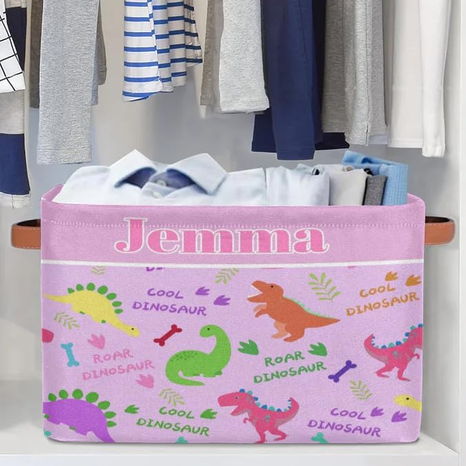 Personalized Dino Storage Basket with Name, Rectangle Toys Storage Bin with Handles for Baby Girls, Collapsible Basket for Clothes, Books, Colorful Dinosaurs with Bone Light Purple Background