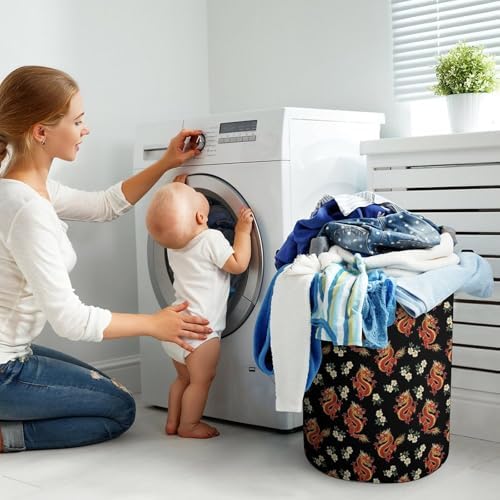 Waterproof Laundry Hamper with Handles Floral Chinese Japanese Dragon Flower, Collapsible Basket for Clothing, Toy, and Towel Organization in Home and Nursery