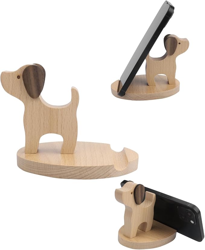 Wooden Dog Phone Stand Wooden Puppy Phone Holder Animal Mobile Holder Cute Dog Desktop Stand Cartoon Phone Mount Desk Ornament