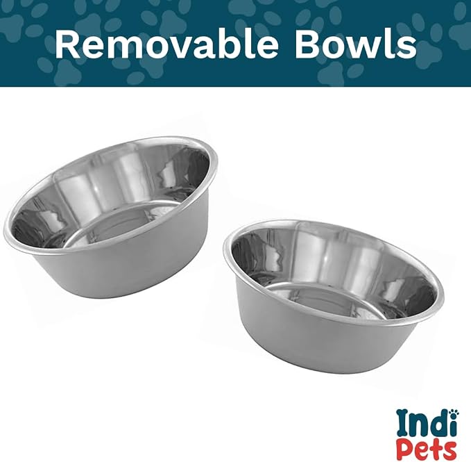 Indipets Elevated Dog/Cat Feeder with Bowls // Solid Wood Stand with Two Removable Stainless Steel Bowls // for Cats and Small, Medium, Large Size Dogs (Large)